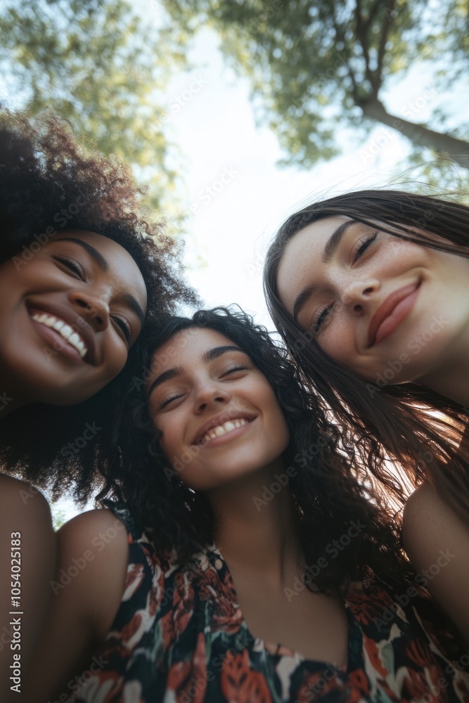 Fototapeta premium Three women are smiling and posing for a picture. They are all wearing colorful dresses and have curly hair. Scene is happy and joyful
