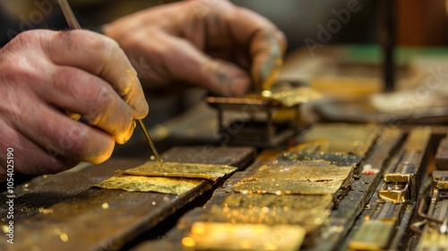Skilled craftsman applying gold leaf to wooden surface in workshop, showcasing precision, care, and artistry in gilding process