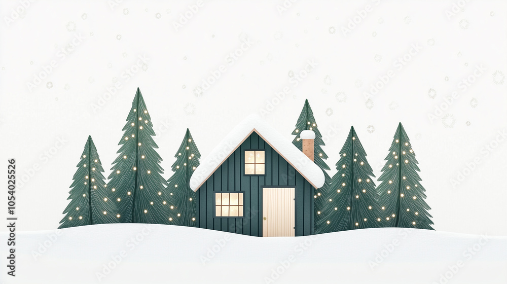 Fototapeta premium Cozy winter cabin surrounded by snow-covered trees
