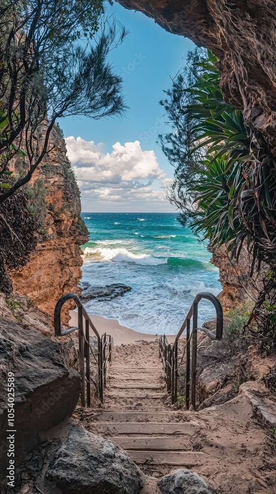 Fototapeta premium Coastal Staircase Leading to Stunning Beach View