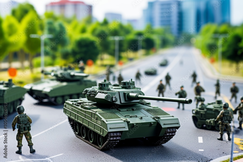 Obraz premium Miniature military diorama featuring tanks and soldiers in a detailed urban environment