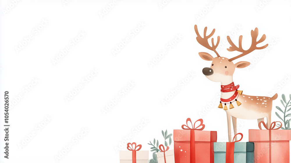 Fototapeta premium Cheerful reindeer standing among colorful holiday gifts