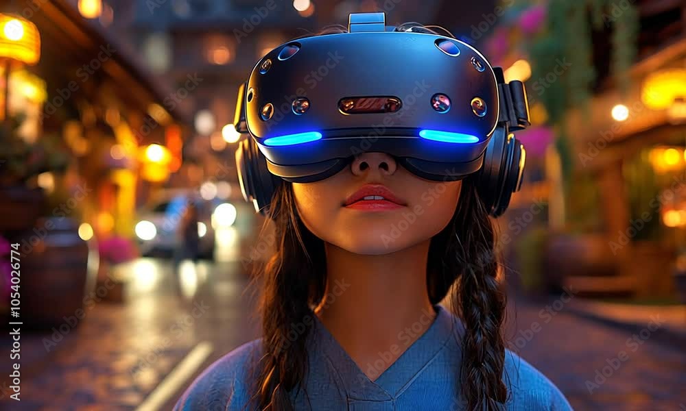A girl wearing a VR headset in a vibrant, illuminated street. A girl wearing a VR headset in a vibrant, illuminated street.