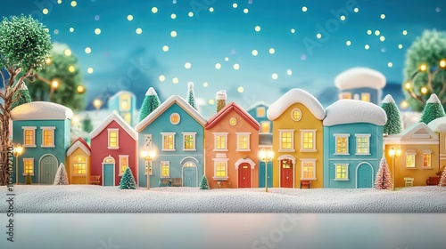 Whimsical Christmas village with candycolored houses and glowing lights, vibrant wonderland, 3D illustration photo