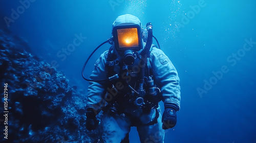 A diver exploring the underwater world, surrounded by deep blue sea, showcasing advanced diving equipment and the beauty of marine life.