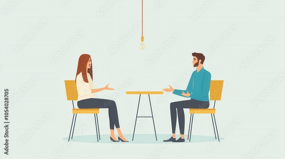 Fototapeta premium A woman and a man engage in a conversation across a table, emphasizing communication and interaction in a friendly setting.