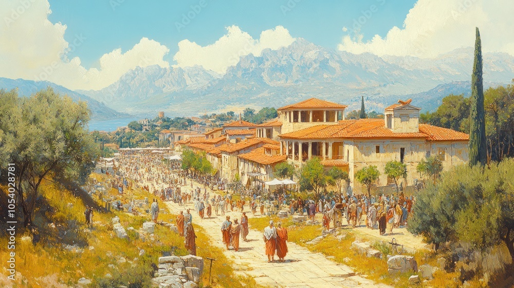 Obraz premium A Bustling Ancient Greek City with a Crowded Street and Majestic Mountain Range in the Background