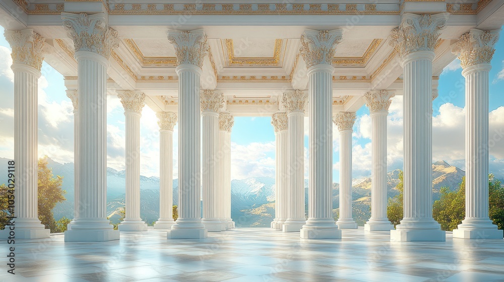 Naklejka premium Elegant classical architecture with columns and scenic backdrop.