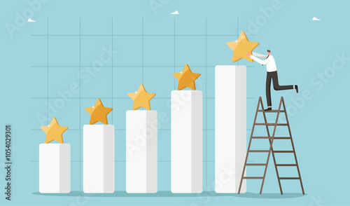 Leadership skills in achieving success, intelligence or motivation for success or high result, accuracy in setting goals, planning path to achieve excellence in work, man puts star on top of chart.