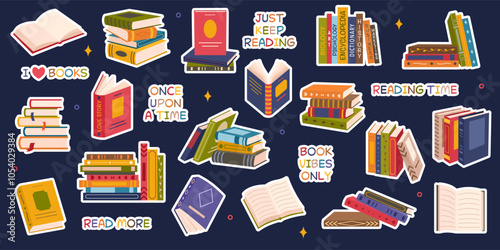 Stickers of cute colorful books. Set of different stacks and piles of books, open and closed books collection. Educational theme, scientific and fiction literature. Vector illustration.