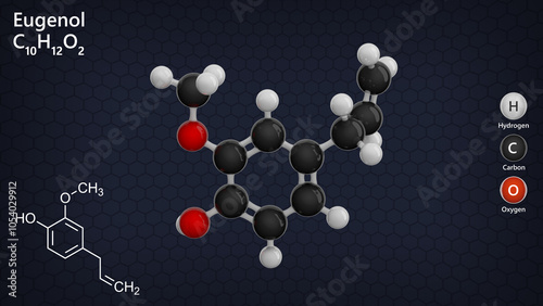 Molecule: Eugenol. Clove essential oil. Molecular structure. Formula: C10H12O2. Chemical model: Ball and stick. Dark background. 3D illustration. photo