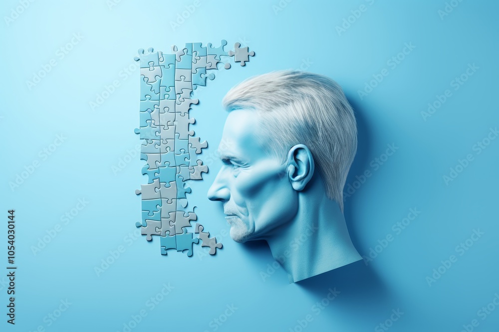 Obraz premium Silhouette of a head filled with puzzles on soft blue, symbolizing alzheimer s and memory challenges