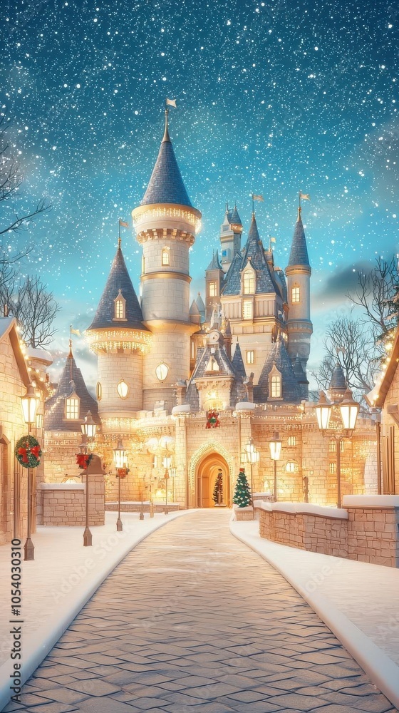 Fototapeta premium Fairy tale castle at night, with Christmas lights and magical snowfall, whimsical holiday scene, 3D illustration