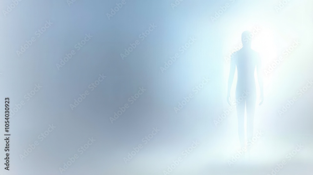 Fototapeta premium A mysterious figure emerges from a foggy background, creating an ethereal and surreal atmosphere.