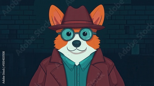 Detective Corgi with Magnifying Glass and Hat photo