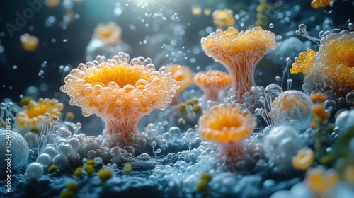 Vibrant microscopic scene with bubbles and organic shapes.