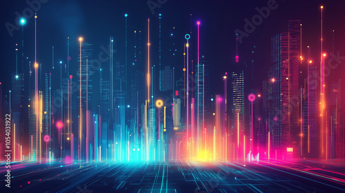 Futuristic Cityscape with Vibrant Neon Lights and Digital Connections