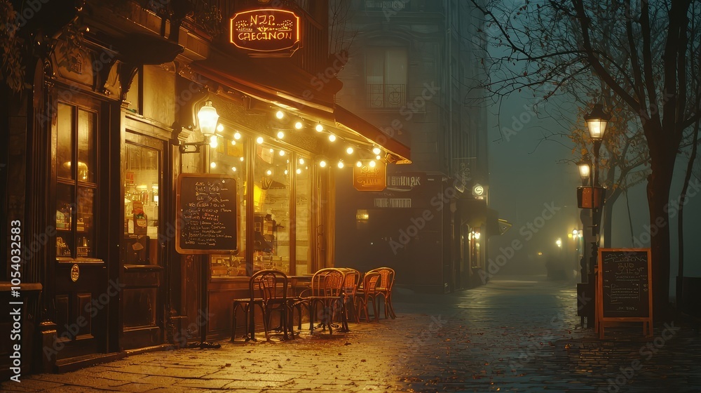 Fototapeta premium Quaint Cafe on Foggy Street with Warm Lights