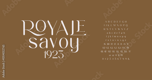 Royale Savoy: An elegant, classic serif font with stylish uppercase letters and numbering. Perfect for sophisticated typography in a clean vector format.