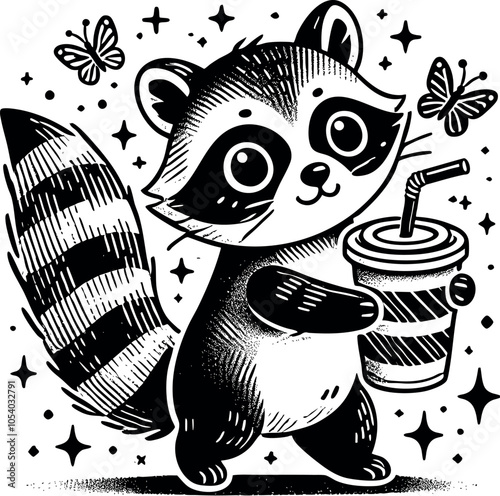 Raccoon Coffee, Raccoon, Feral Raccoon, Drink Raccoon, Raccoon Vector