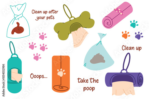 Flat vector illustration set of dog poop bags. Poop bags in holder. Dog poop bag.Cartoon, flat. Isolated vector illustration in flat style.