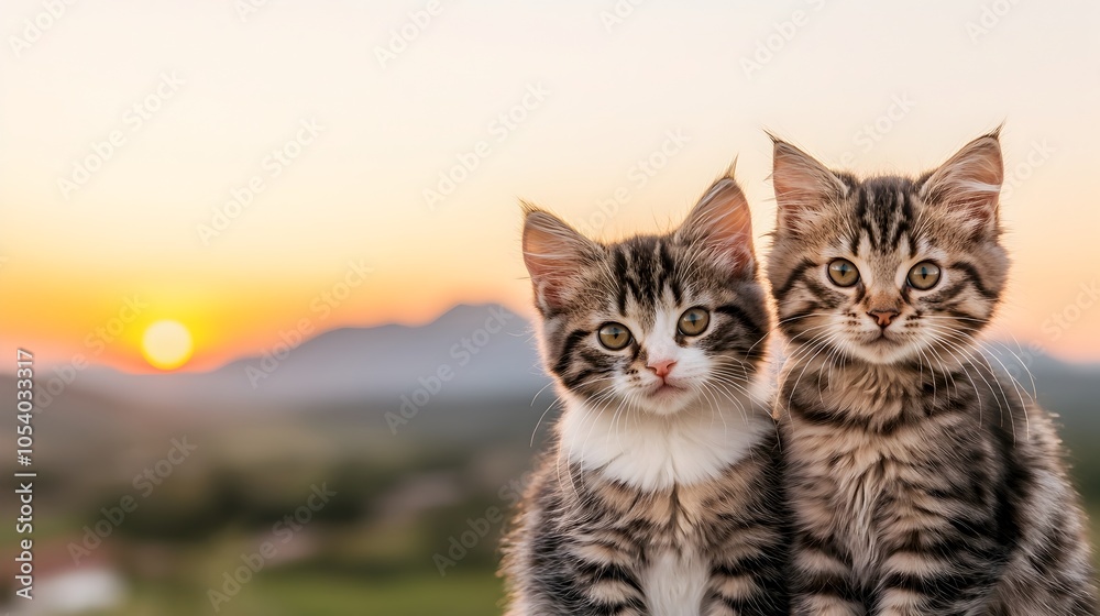 Fototapeta premium Pair of Playful Kittens Overlooking Idyllic Mountain Sunset