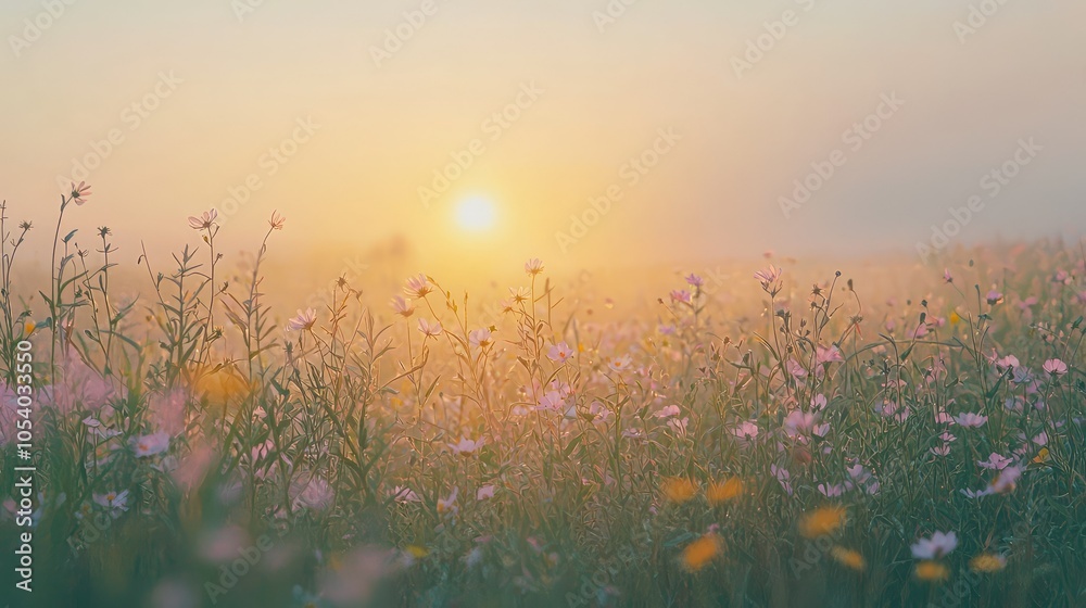 Naklejka premium Serene Sunrise Over a Field of Wildflowers
