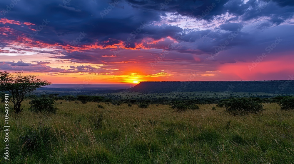 Fototapeta premium Tranquil Sunset Over Wide Grassland Expanse