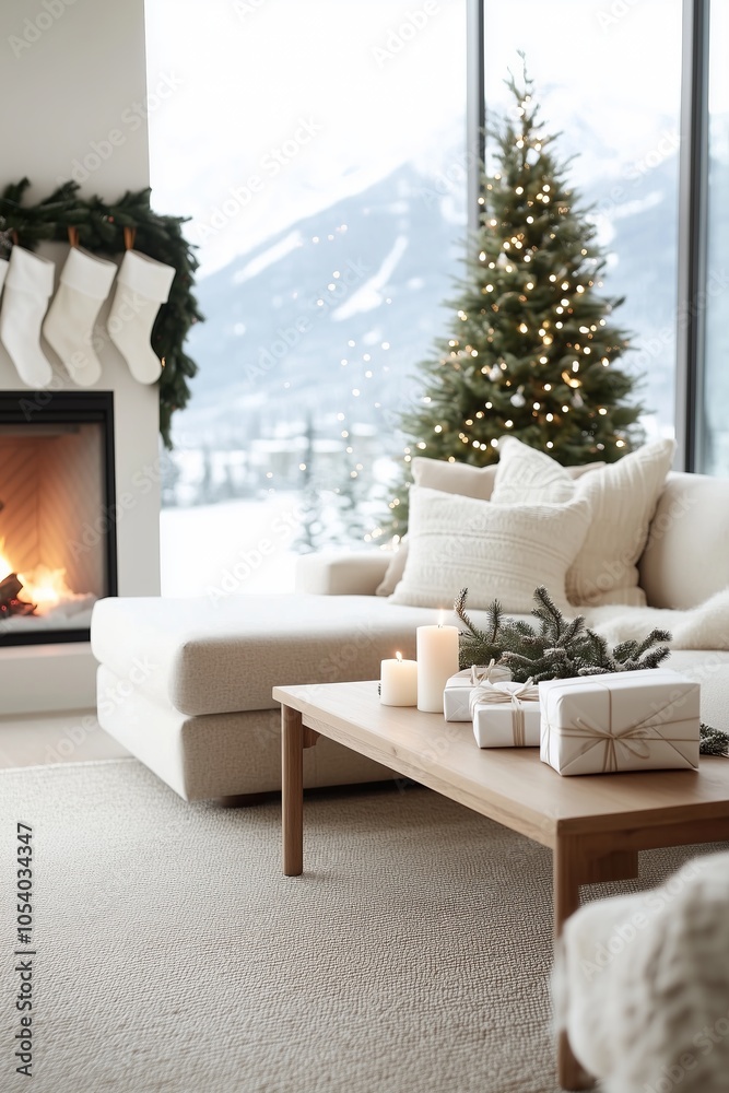 Fototapeta premium cozy, elegant holiday living room with a decorated Christmas tree and a lit fireplace. The room features large floor-to-ceiling windows with snowy mountain views, neutral-toned furniture