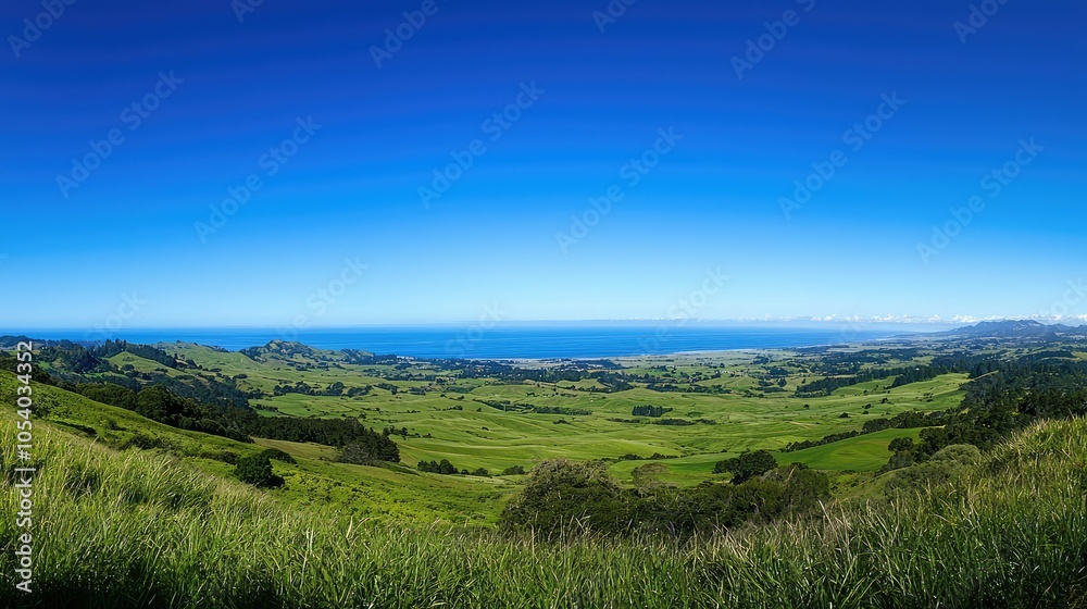 Fototapeta premium Panoramic View of Vast Grasslands Under Clear Blue Sky