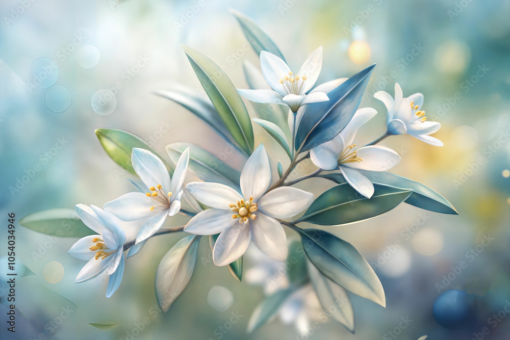 Fototapeta premium close-up of delicate white olive flowers blooming with green leaves in a soft and artistic watercolor background