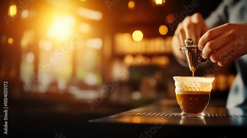 Barista making pourover coffee with attention to detail, soft natural light, artisan coffee, cafe craftsmanship photo