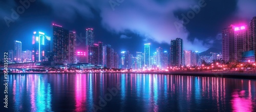 Vibrant city skyline at dusk with colorful lights reflecting photo