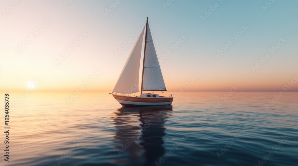 Fototapeta premium Cozy Sailboat Gently Sailing at Sunset