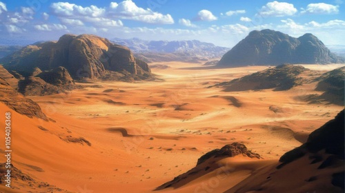 Desert landscape with towering sand dunes. Vast and serene arid environment. photo