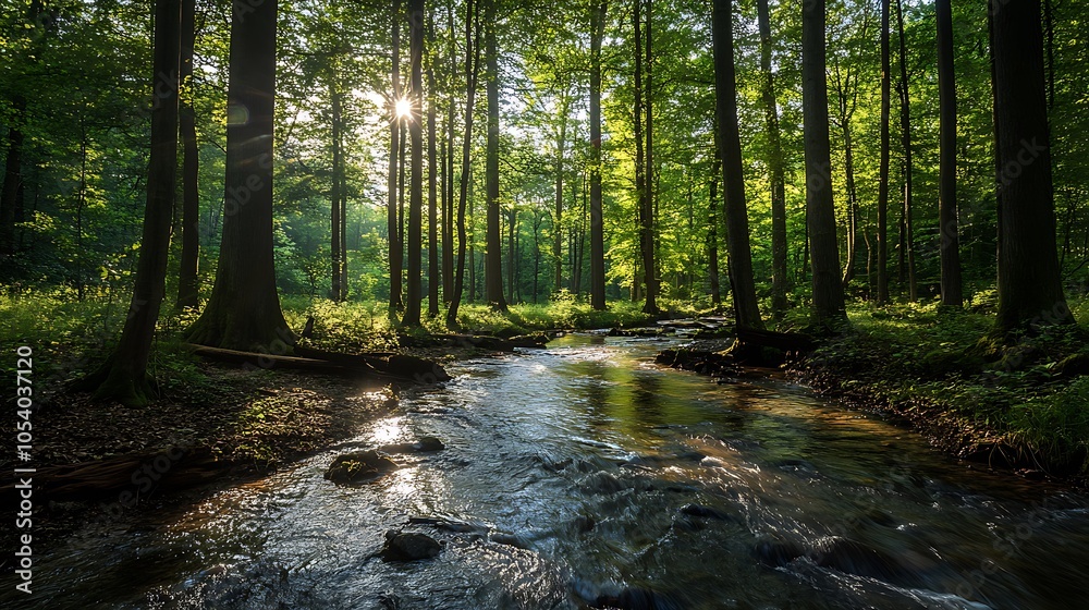Obraz premium Sunlight Illuminating a Forest Stream
