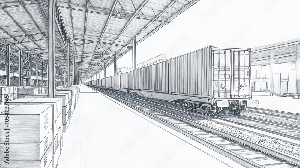 Obraz premium A cargo train passing through a distribution center, rail transport logistics, wood pencil drawing, isolated on white background