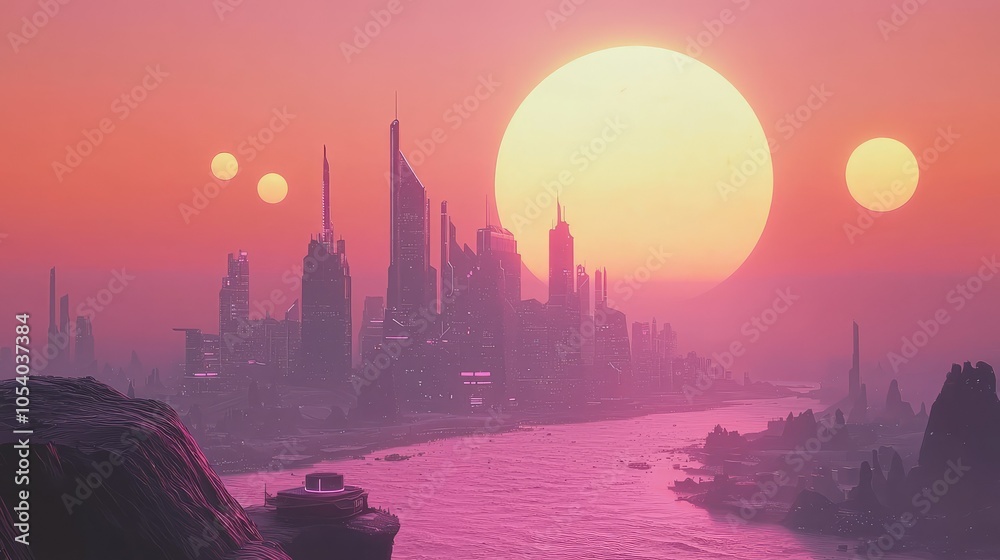 Naklejka premium Futuristic City Skyline on Alien Planet at Sunset