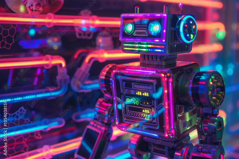 Fototapeta premium Retro Robot Under Neon Lights