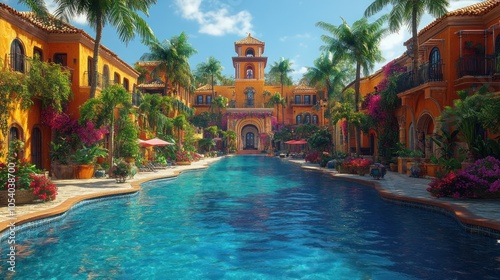 Vibrant resort with a pool surrounded by tropical flora.