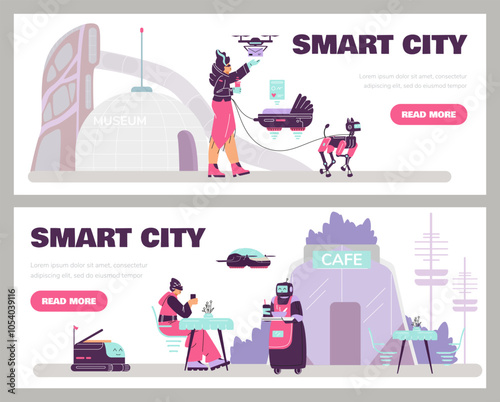 Vector home pages with robot assistants helping people: waiter, drone, flying pram, dog and cleaner