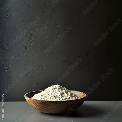 Rustic bowl of flour against a dark textured background photo