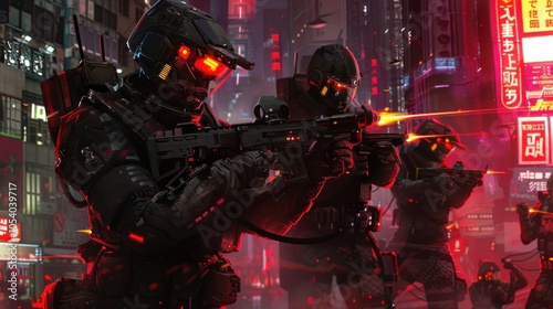 Illustration of cybernetic soldiers equipped with weaponry ready for missions in cyberpunk cities photo