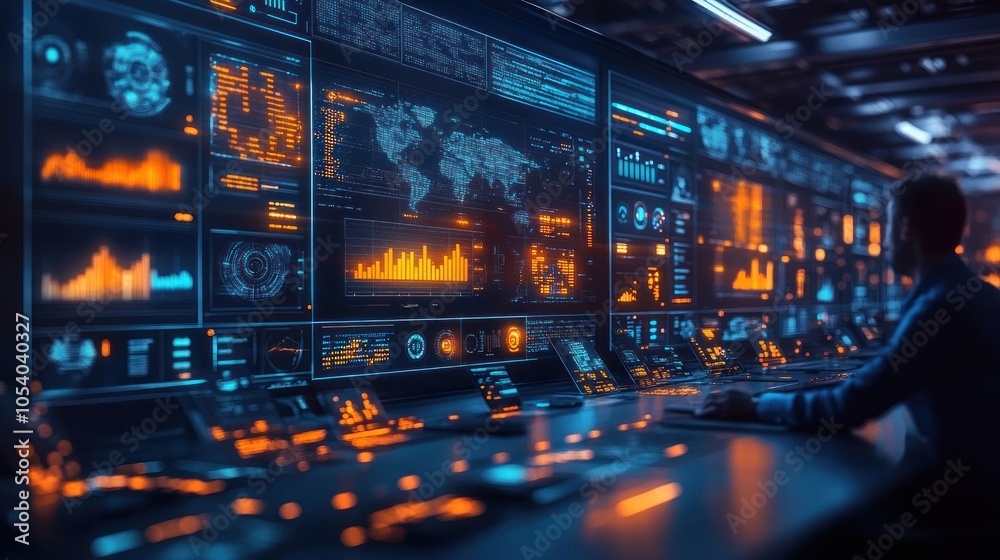 Naklejka premium Control room with data visualizations and analytics displays.