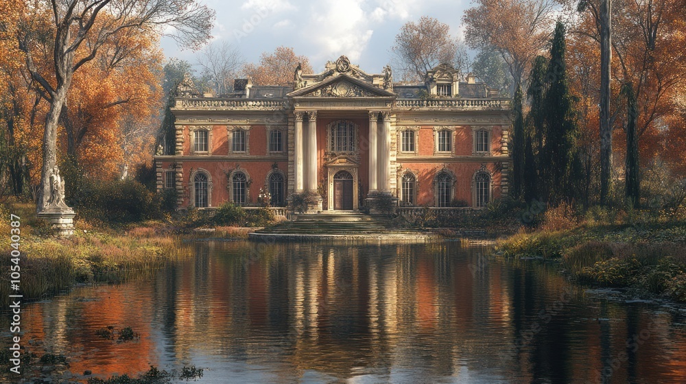 Fototapeta premium A Grand Mansion Reflected in a Still Pond