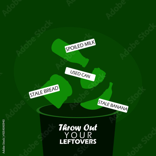 Throw Out Your Leftovers Day to celebrate on November 29th. Illustration of damaged and stale food waste being thrown into the trash can on dark green background.