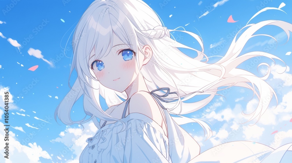 Charming anime-style girl with white hair and blue eyes wearing a cloud-patterned white dress, floating in a colorful sky Charming anime-style girl with white hair and blue eyes wearing a cloud-patterned white dress, floating in a colorful sky