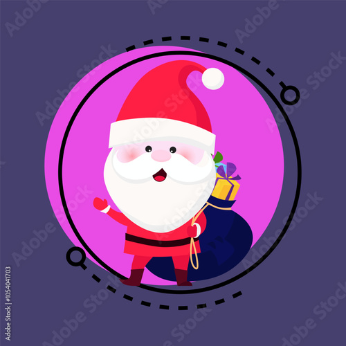 Jolly Santa Claus carrying sack of gifts. Happy, waving hands, welcoming. Christmas character concept. Can be used for topics like tradition, winter, New Year