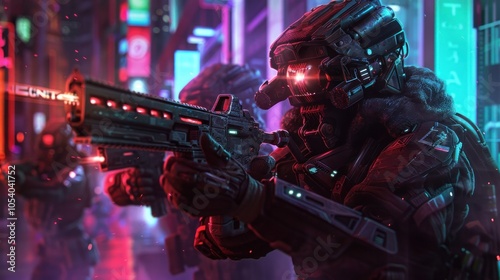 Illustration of cybernetic soldiers equipped with weaponry ready for missions in cyberpunk cities photo