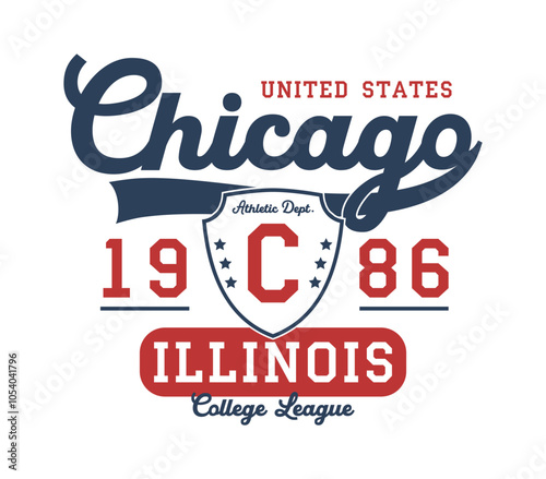 Boston t-shirt design with college shield. Illinois college league tee shirt with inscription with swash. Graphics for athletic clothes. Print for vintage sport apparel. Vector.